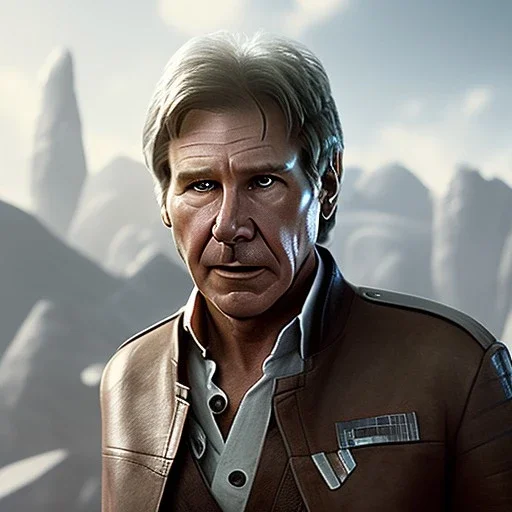 portrait of harrison ford as captain han solo, brown eyes, with realistic and extrem light facial skin, cinematic lighting, photorealistic, volumetric light and shadow, hyper HD, octane render, unreal engine, insanely detailed and intricate, hyper-realistic, space background, watercolour on white paper