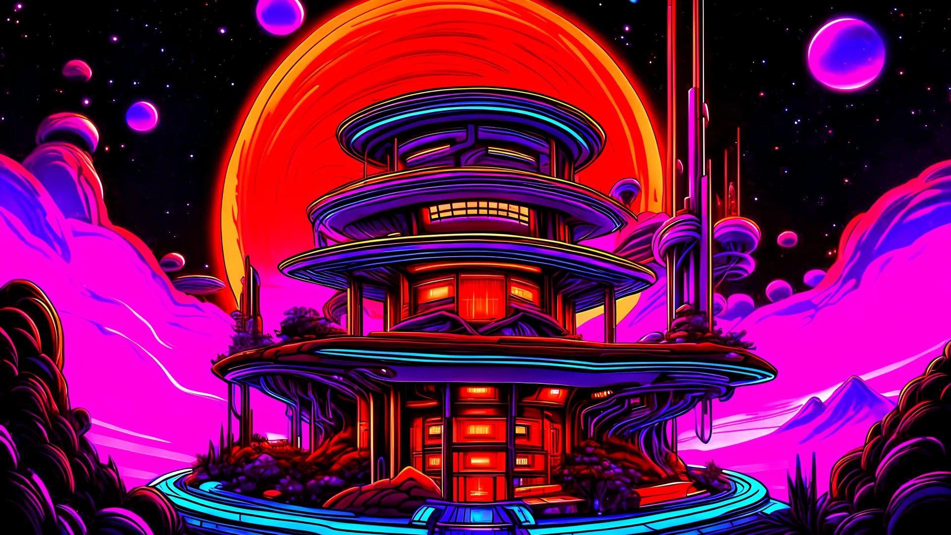 chrome orange black purple colored BLACKLIGHTIED DIGITAL ILLUSTRATION OF A LUSH&VIBRANT NEON POLYCHROMATIC FLORESCENT RAINBOW COLORED EXO-PLANET=JAYLAND96 DREAMSCAPE PARADISE NFT BIOME UTOPIAN cityscape of blockchain zen garden arcade casino treehouse mansions