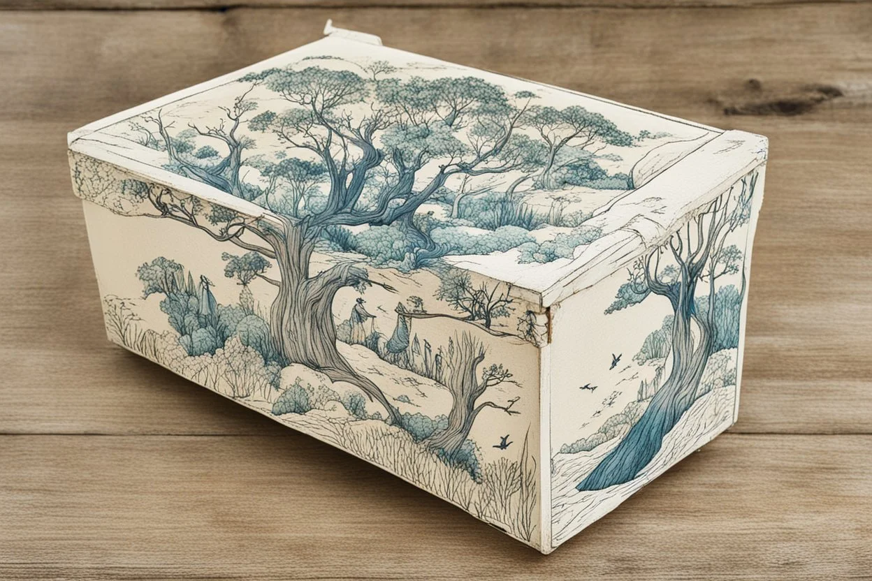 a box for storing things with beautiful drawings on it, sea, trees,