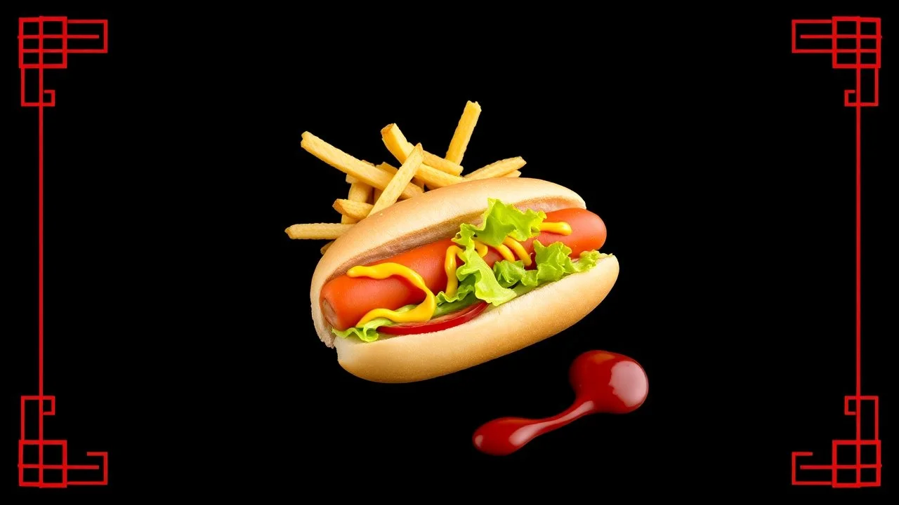 A hot dog sandwich with french fries, lettuce, tomato, mustard sauce and ketchup with a Chinese border on a black background