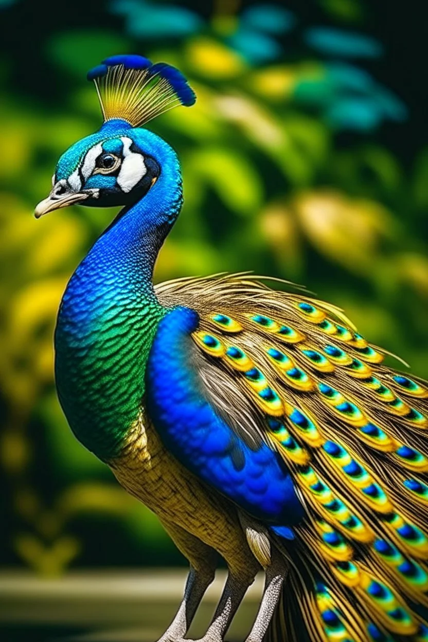 Peacock in bright background with blue and gold color