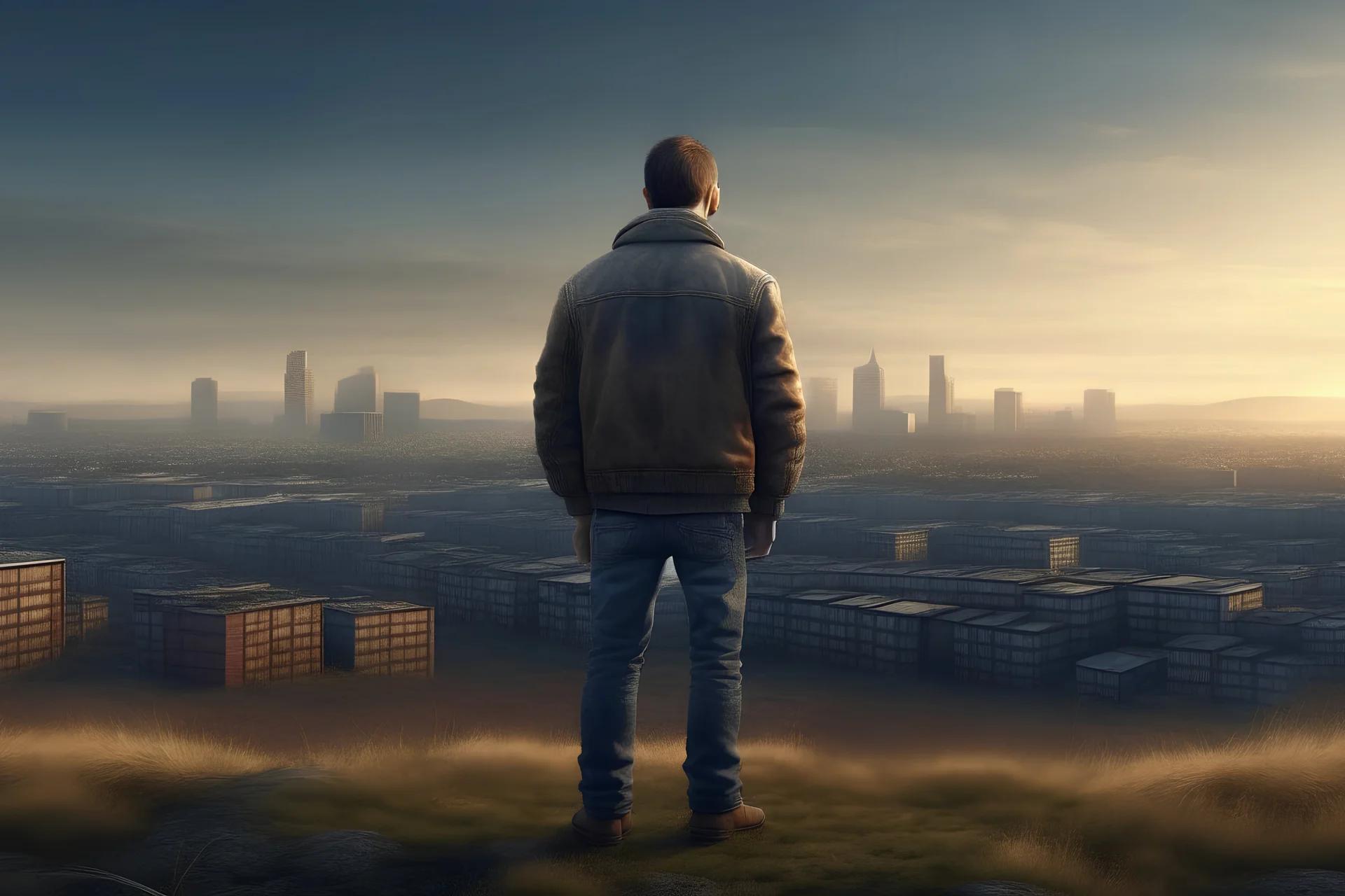 a man, dressed in jeans and jacket, standing, with the city behind him, on land tout of the city, realism, photography of reality, real, 16K, warm light,