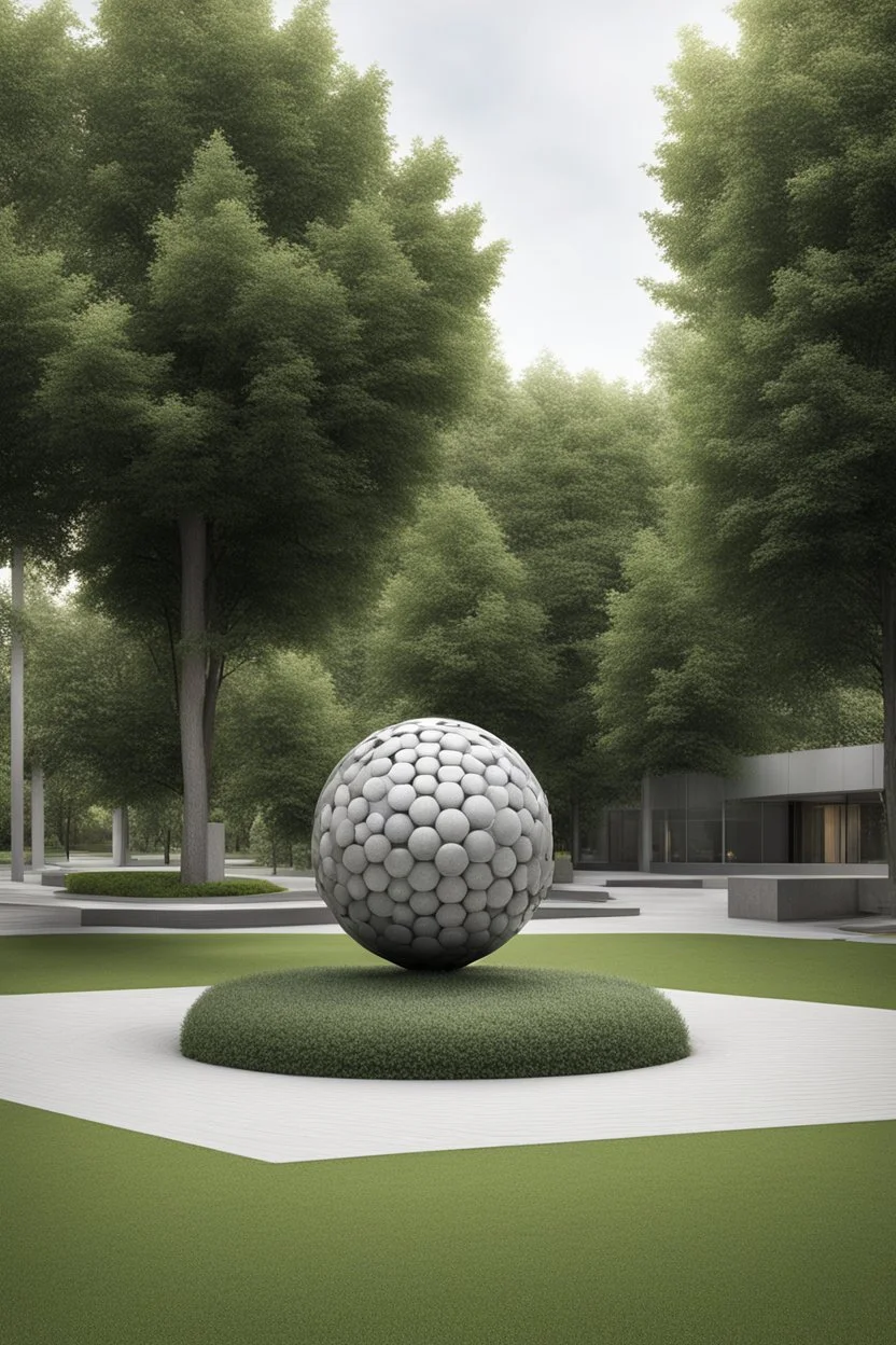 оформление территории со статуей шара виде атома/молекула