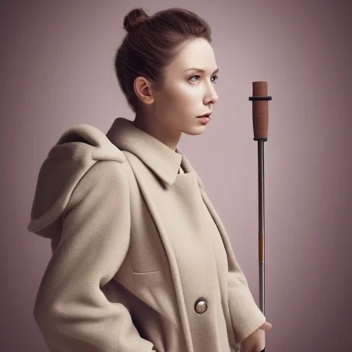 Woman standing with crutch, coat, toy shop background