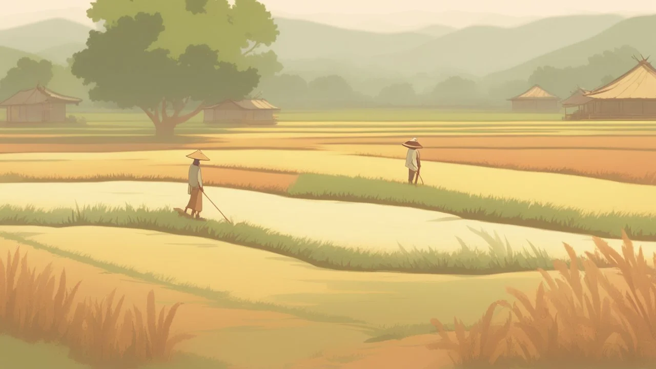 Rice field，Trees，Warm color palette，Animation，A lovely grasshopper，People who work