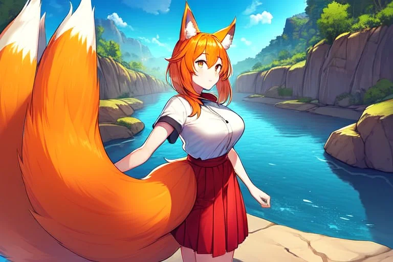 Girl, fox ears, big fox tail, orange hair, red skirt, river