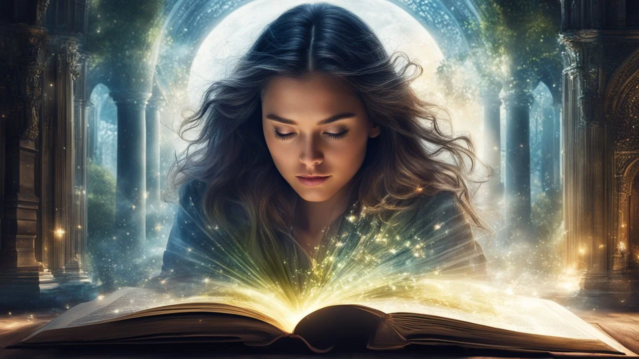 portrait of a woman, hyperrealistic digital art style, "Fairytale", fantasy world emerging from a central book, open book, hyper-detailed double exposure fantasy illustration, masterpiece, cinematic, Andreas Lee, Luke Graham, photorealism, backlighting, gorgeous light