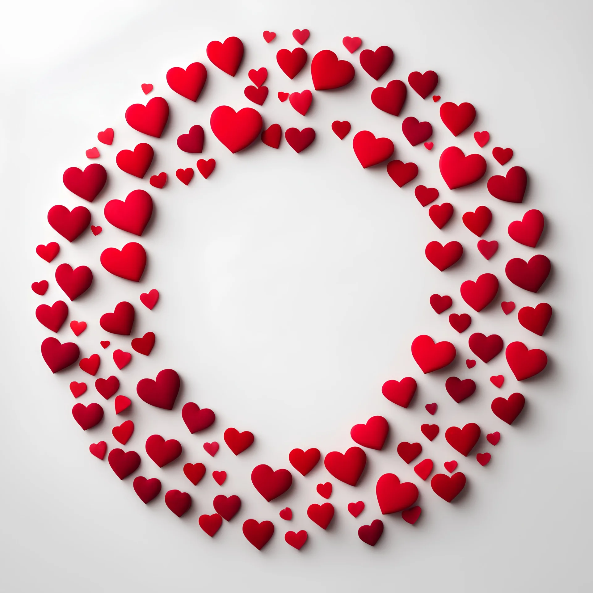 A round frame made of red hearts on a white background