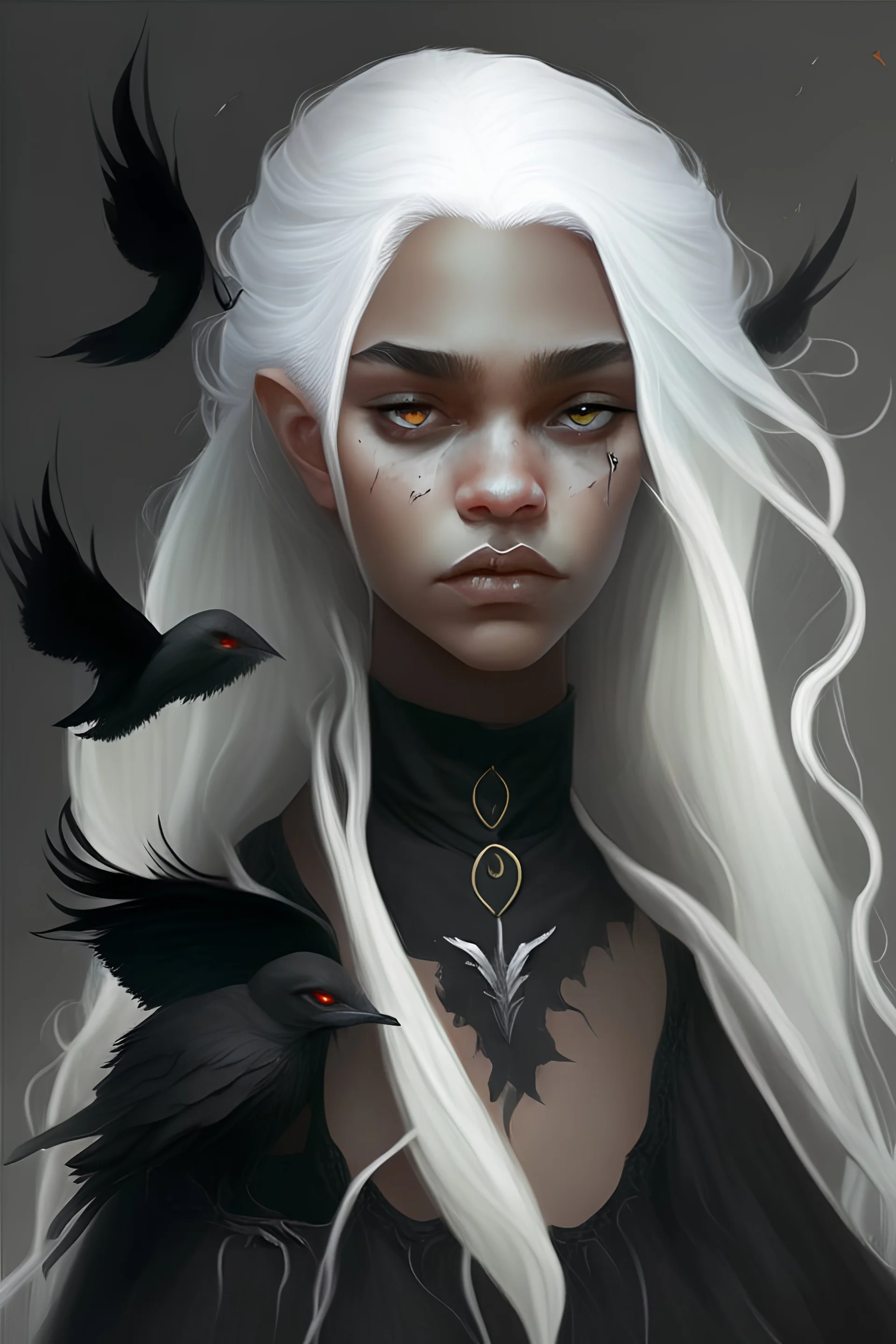 Young lady who is black witch and has black and littl lock white hair and great bower