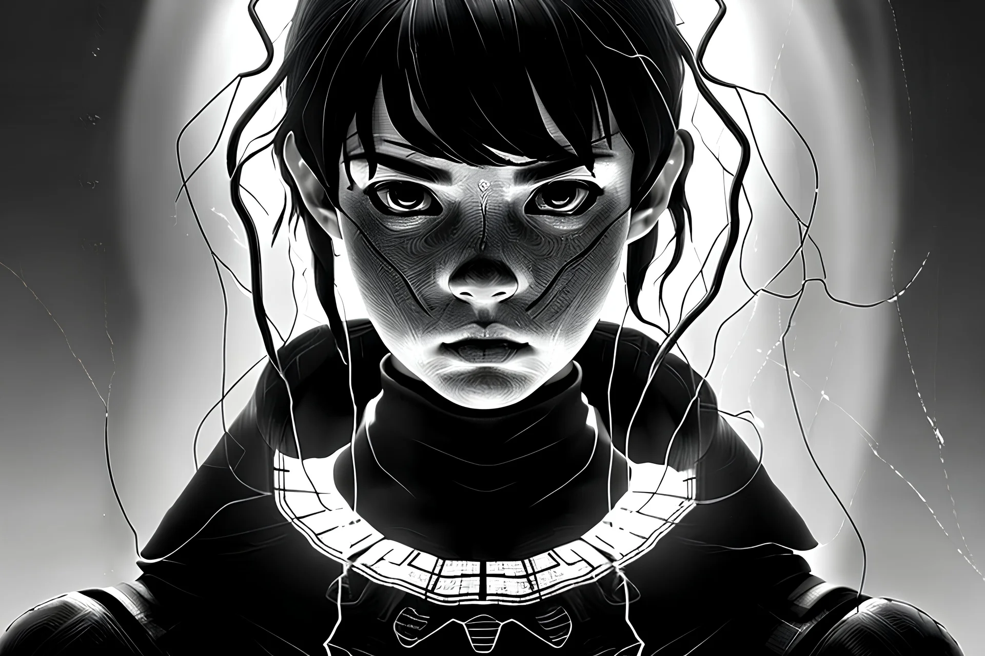 black and white portrait of the face of the sadness, ultra realist texture, intricate line, hdr, 8k, ultra symmetrical,dark futur, akira movie, stephen king style, goldorak anime style, octan render