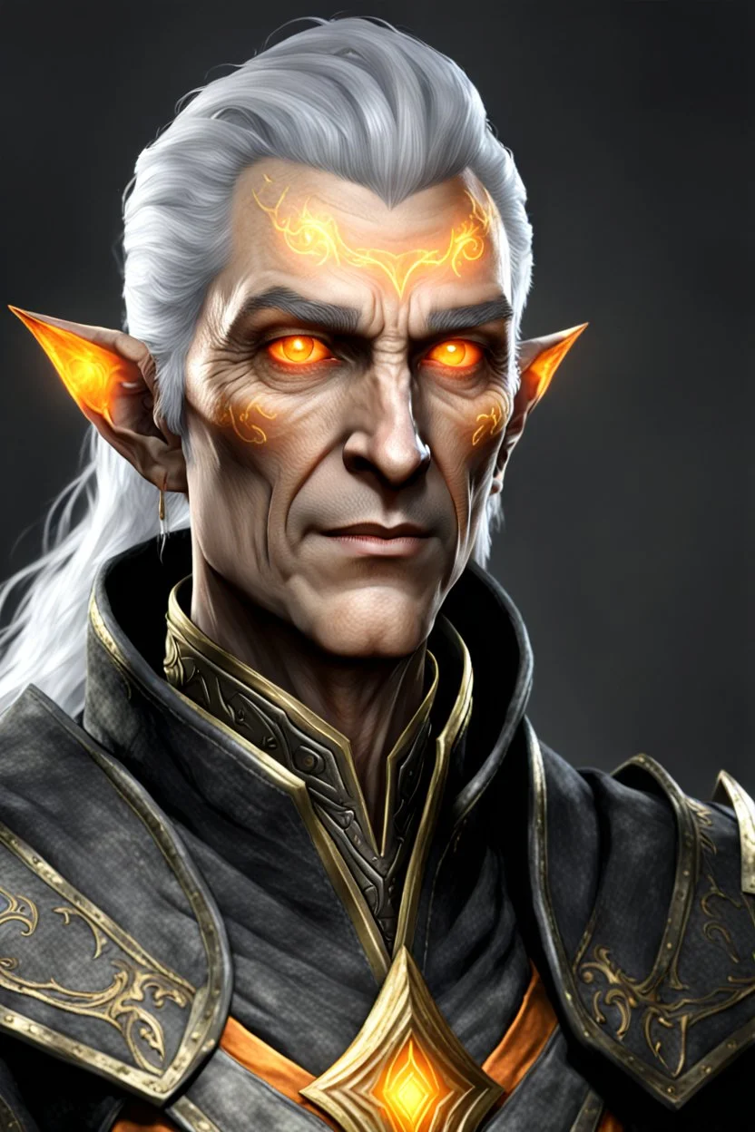 An old male altmer battlemage from Skyrim with golden-orange eyes, black-and-gray hair, authoritative