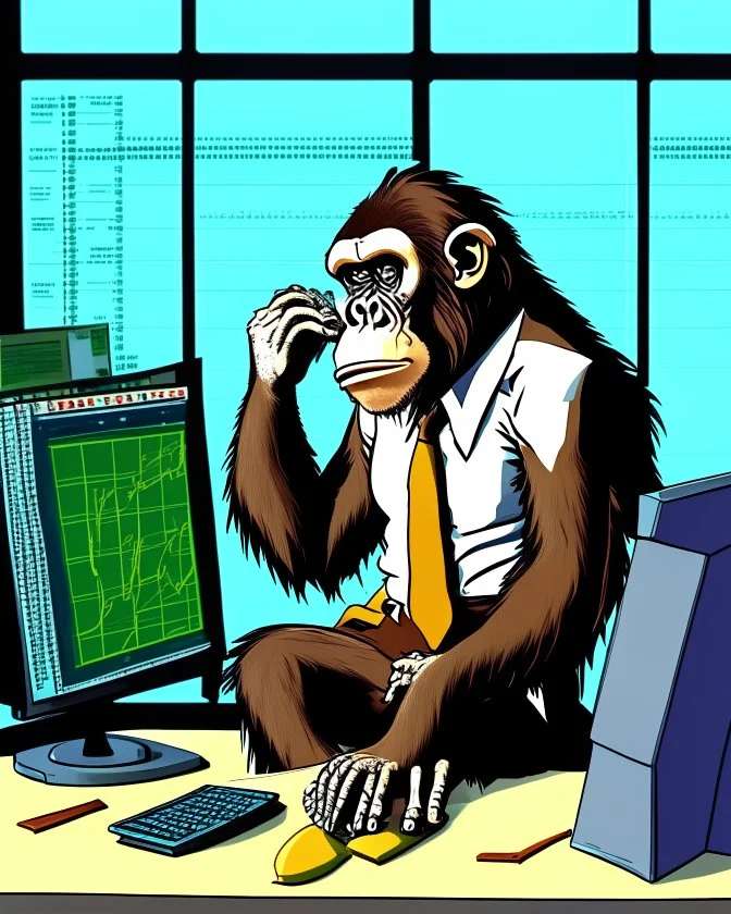 Generate an image of a bored ape from the Bored Ape Yacht Club collection transformed into a forex trader. The ape should be sitting at a trading desk, wearing a suit, with computer screens displaying forex charts. Use the Kadinsky model for image generation.