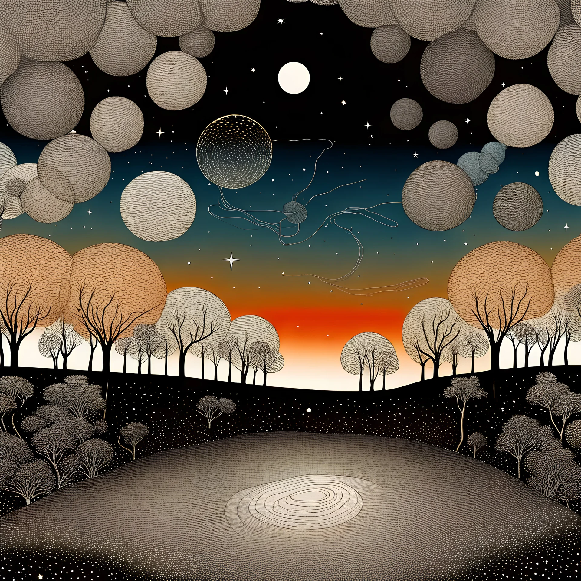 Peaceful, colourful, Max Ernst, night sky filled with galaxies and stars, trees, flowers, one-line drawing, sharp focus, 8k, 3d, silver rust gradient