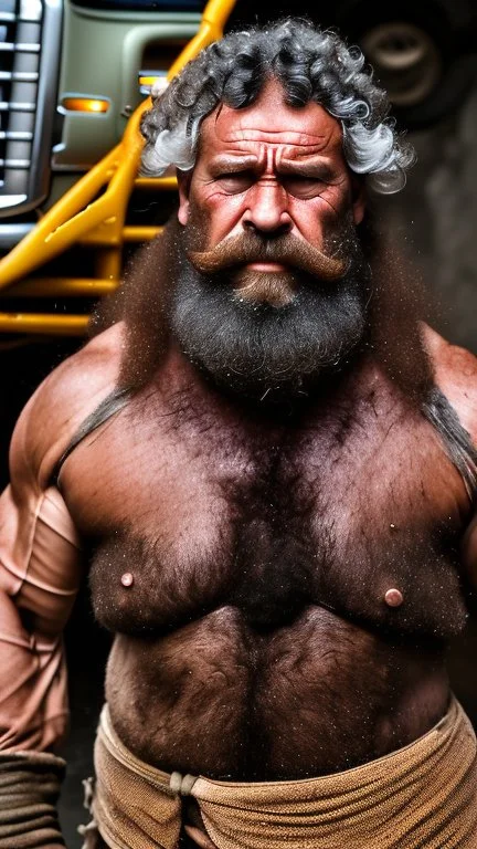 full figure shot photography of a ugly strong beefy serious sweat gipsy worker of a mining truck, 52 year old man, manly chest, long beard, long curly wet hair , sitting on a chair, mini boxer, bulge, big feets, big tights, sharp focus, street photo, intricate details, highly detailed, photorealistic, frontal view from the ground