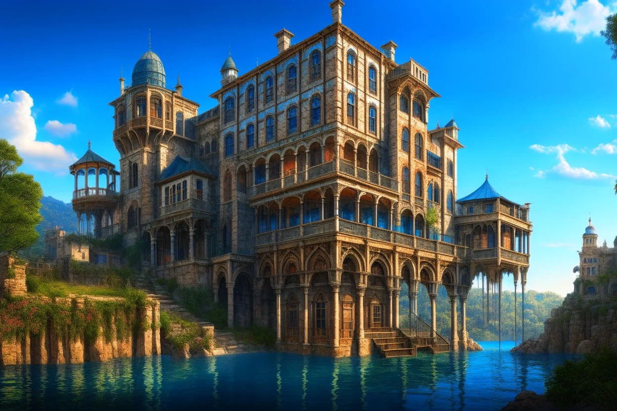 medieval buildings with balconies overhanging lake edge with blue sky and people, photorealism detailed matte painting, deep colour, fantastical, intricate detail, splash screen, complementary colours, fantasy concept art