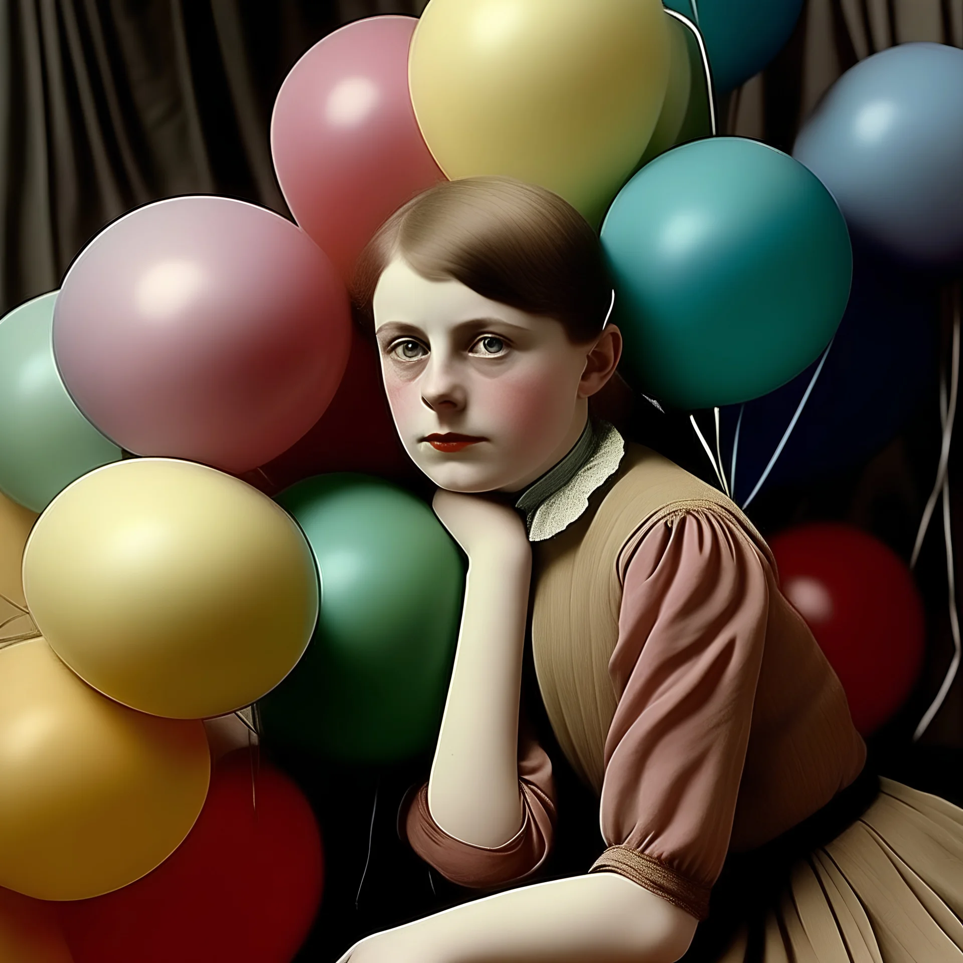 Autochrome, Melancholy russian girl, covered with balloons