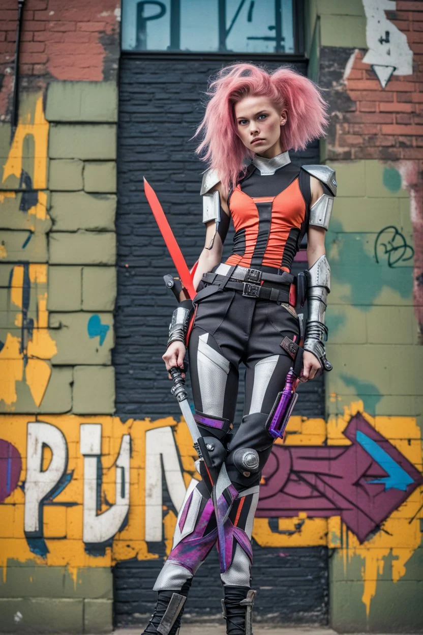 teen woman in retro-futurist cyberpunk costuming with pants and sheathed swords leaning to the side with shoulder against a brick pillar and legs crossed, background is brick with graffiti of a large arrow pointing to the right and text of the word "PUB" on lower left