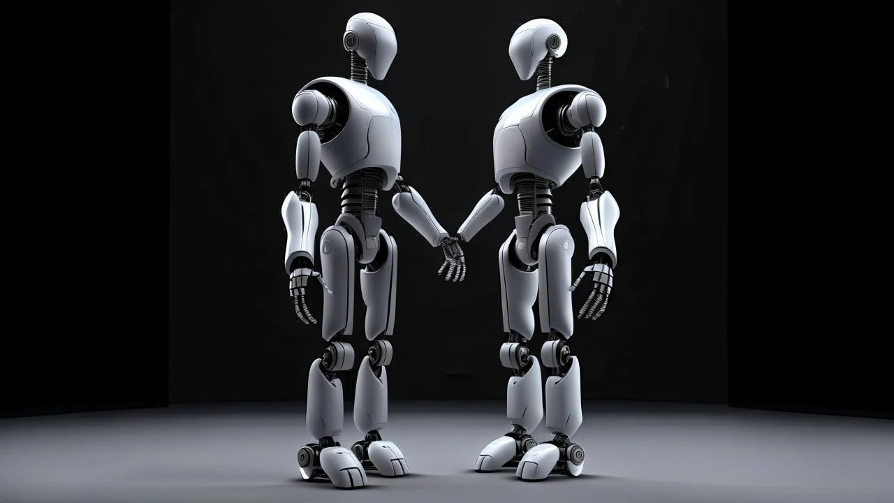 Create an image featuring two humanoid robots holding hands. One robot should have a shiny light gray finish, while the other should have an opaque dark gray appearance. Both robots have their heads slightly tilted downwards, giving a mechanical and somewhat contemplative look. The setting is minimalistic, focusing on the contrast between the robots' finishes and their human-like connection.