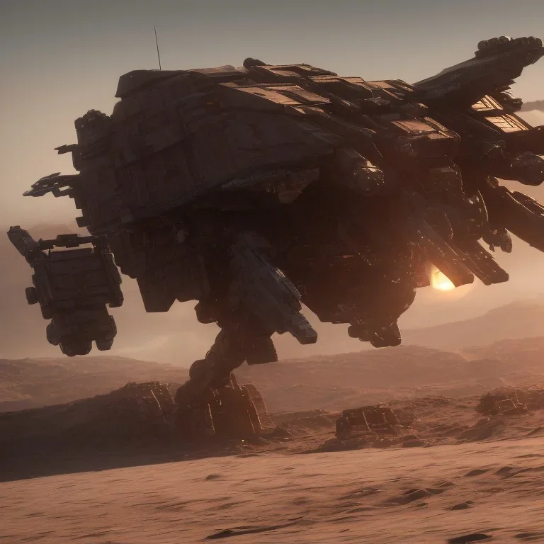 Armored Core machine robot fight another Armored Core fly in the sky in the desert with beside the ocean where you can see the space in the sky with twilight on the horizon, 4k resolution