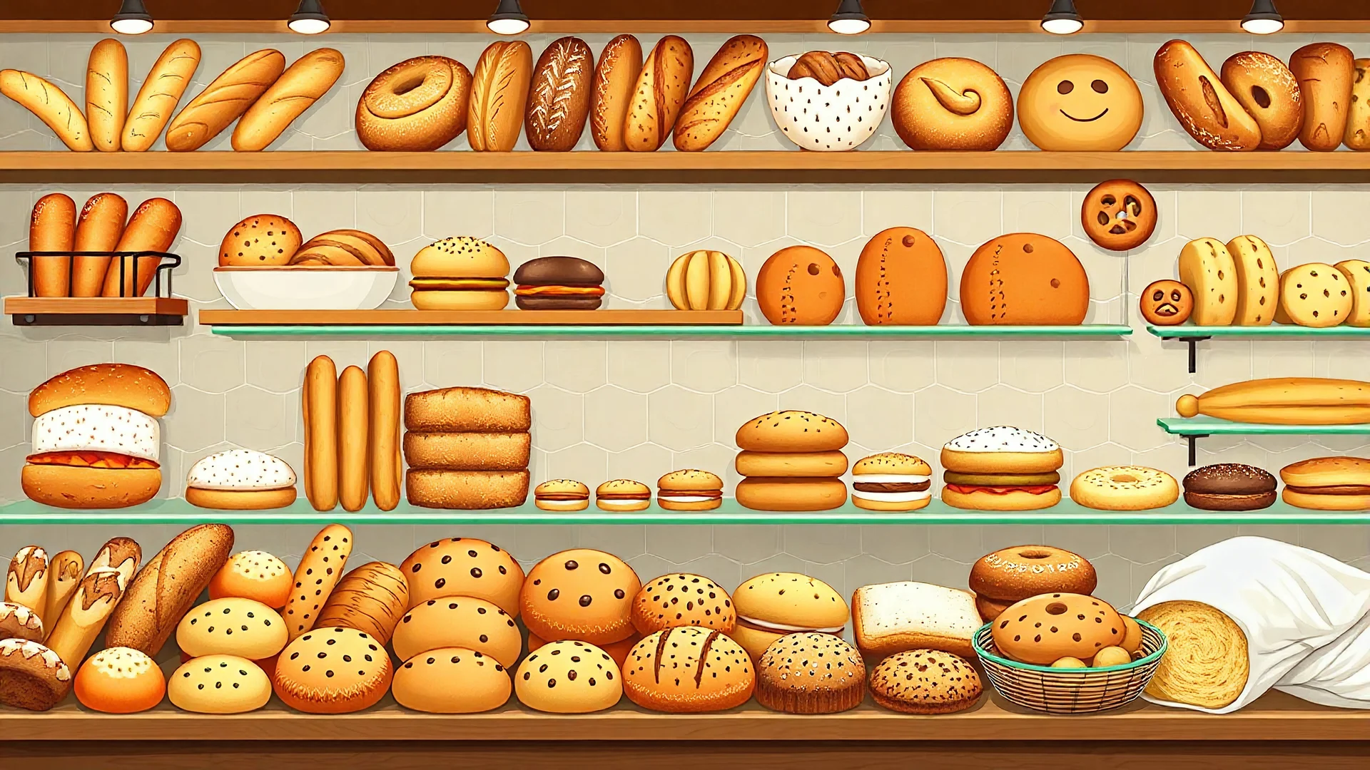 A design for a bakery shop filled with all kinds of fancy breads including baguettes, toasts, sandwiches, cheese balls, dumplings, toasts, toasts, bagels, bananas, bread steak, brioche, brownies, ciabatta, corn, pita, pretzels, pumpernickel, Rye, sourdough, tortilla, white, and whole wheat