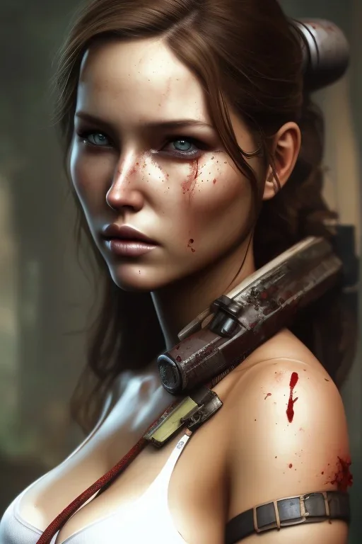 Camilla Luddington face, lara croft clothes, mouth shut, busty japanese hitomi tanaka, dirty face, mud, blood, sweat,pintura, details,texture,8k quality, florest, Minimalism, Romanticism, Expressionism, Impressionism