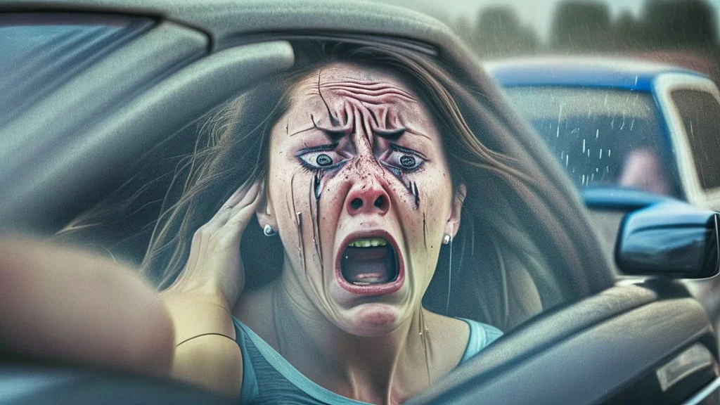 crying woman driving in hotel parking lot crying as she leaves to turn onto street