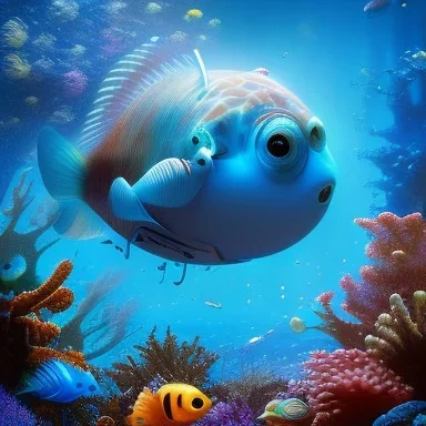 photo of an extremely cute alien fish swimming an alien habitable underwater planet, coral reefs, dream-like atmosphere, water, plants, peaceful, serenity, calm ocean, tansparent water, reefs, fish, coral, inner peace, awareness, silence, nature, evolution