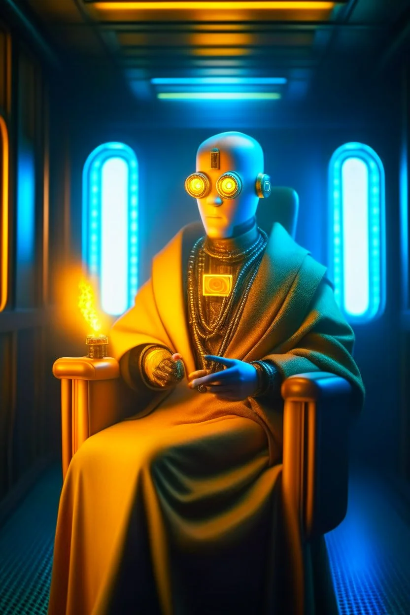 portrait of spiritual monk robot holding lotsa phones chatbot smoking a sigar on a throne in a fast bullet train , smoke, 4k, downlight, soft light, depth of field, photorealism, trending on art station