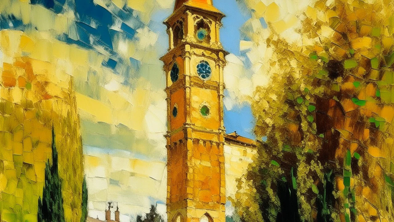 A yellowish orange colored mythical bell tower painted by Claude Monet