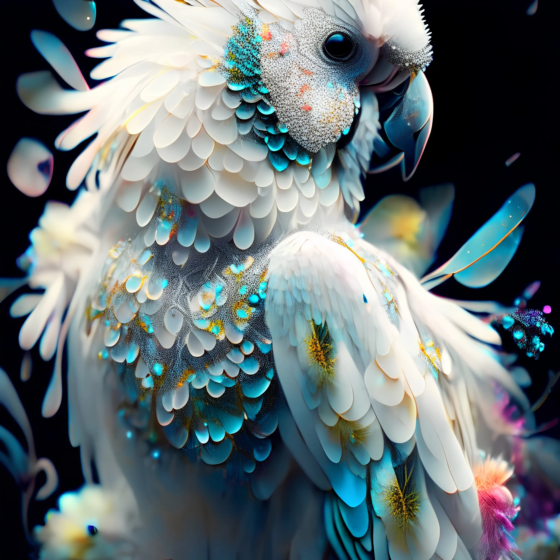 Parrot portrait, Beautiful and pretty By Mandy Disher, full body, all angles, fantastical otherworldly, white flowers, vibrant colors, intricate infinite fractal micro synapses diamond feathers, intricate details, Ismail Inceoglu, bokeh,