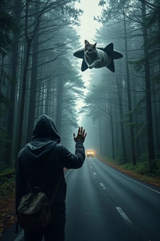 Fantasy forest road a man with hood waiting for a ride raising one hand to the driver to stop on the side of the road car did not stop ufo hovering above the cat