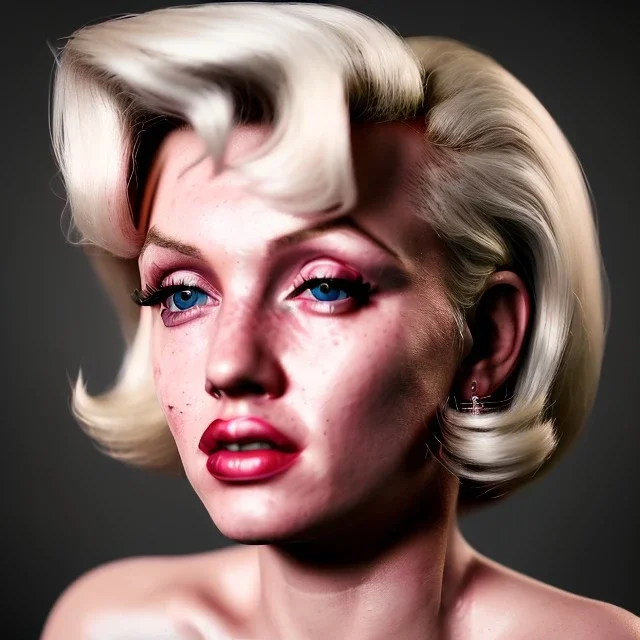 Realistic image portrait, blonde woman, sweet Marylin Monroe face, punk style, shave hair, glow eyes, highly detailed, unreal engine 5, ray tracing, RTX, lumen lighting, ultra detail, volumetric lighting, 3d, finely drawn, high definition, high resolution.