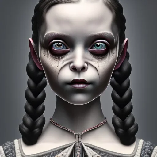 close up portrait of wednesday addams, fine detail, highly intricate, modern surrealism painting, defined cracks and breaks, high-quality, volumetric lighting, 8k, ultrahd, George Grie, Marco Escobedo, Igor Morski,Brian Froud, Howard Lyon, Selina French,