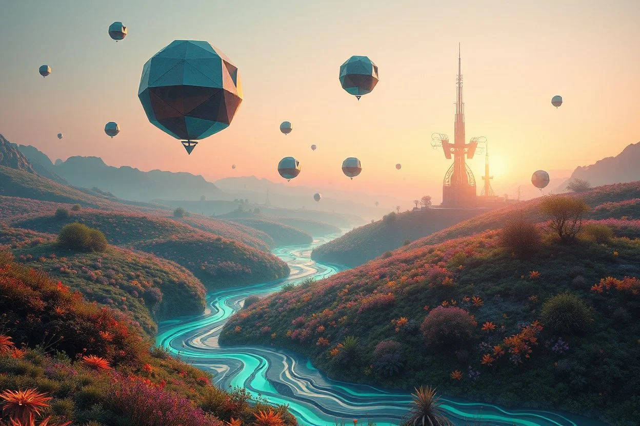 A surrealist masterpiece of a futuristic pastoral landscape. Floating metallic geometric shapes and recursive Moebius-strip structures hover above a valley of neon-colored sci-fi plants. The river is a flowing ribbon of liquid light and swirling fractal patterns. The sky is a soft gradient of twilight hues. Soft focus, ethereal atmosphere, Salvador Dalí meets Syd Mead style, intricate details, vibrant but harmonious color palette, dreamscape.