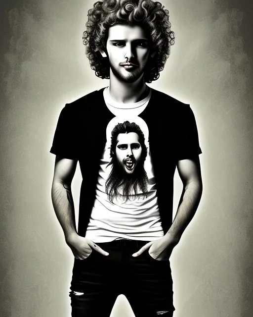 A slim relatively high guy with wild curly blond hair, smiling with teeth and wearing black skinny jeans and a t-shirt