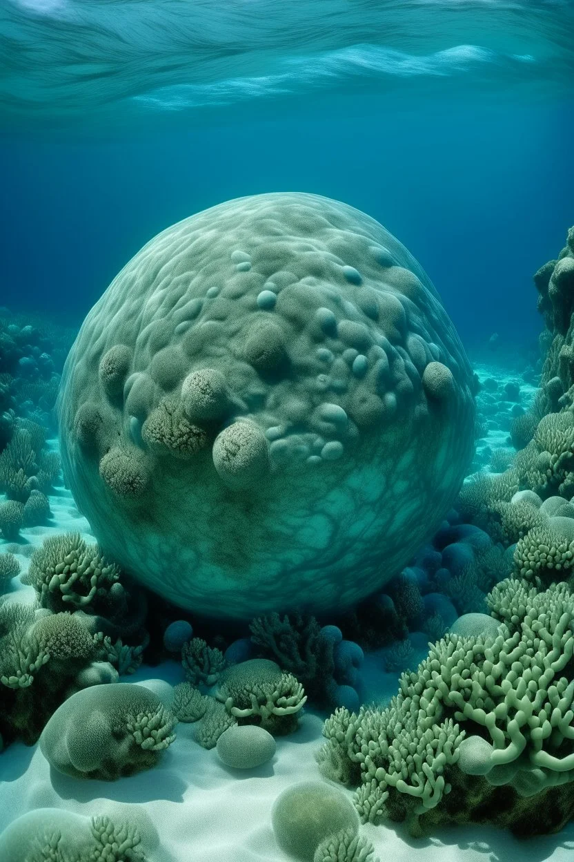 A grayish blue underwater reef with ball-shaped coral painted by Auguste Rodin