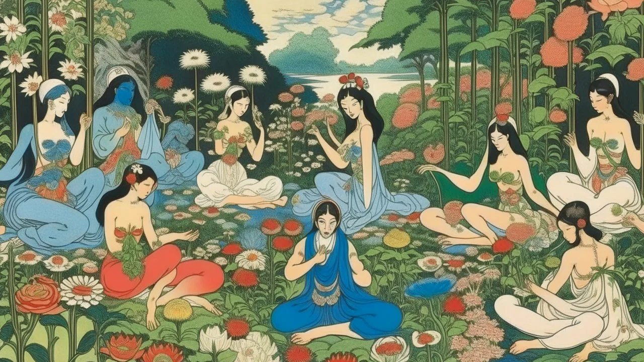 An illustration by Kuniyoshi and Manet of of individuals practicing yoga surrounded by blooming flowers and lush vegetation.