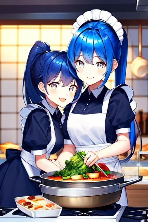 girl, masterpiece, best quality, cinematic lighting, detailed outfit, perfect eyes, blue hair, long hair, white eyes, ponytail, maid, indoors, cooking, food, smiling,