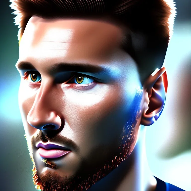 full portrai of perfect face lionel messi ciborg, android, perfect angle, high detail, volumetric lighting, tiny features, intricate detail,volumetric clouds