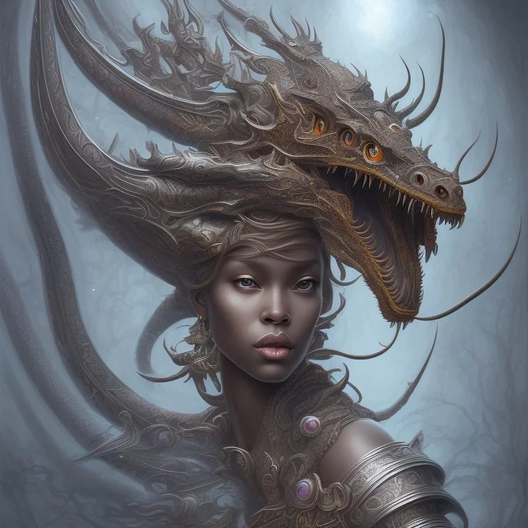 sango fantasy, fantasy magic, intricate, sharp focus, illustration, highly detailed, digital painting, concept art, matte, artgerm and paul lewin and kehinde wiley, masterpiece sexy lips Asian afro lips black African lady body mermaid Dragon head silver bright rain lady outer space pretty skull head