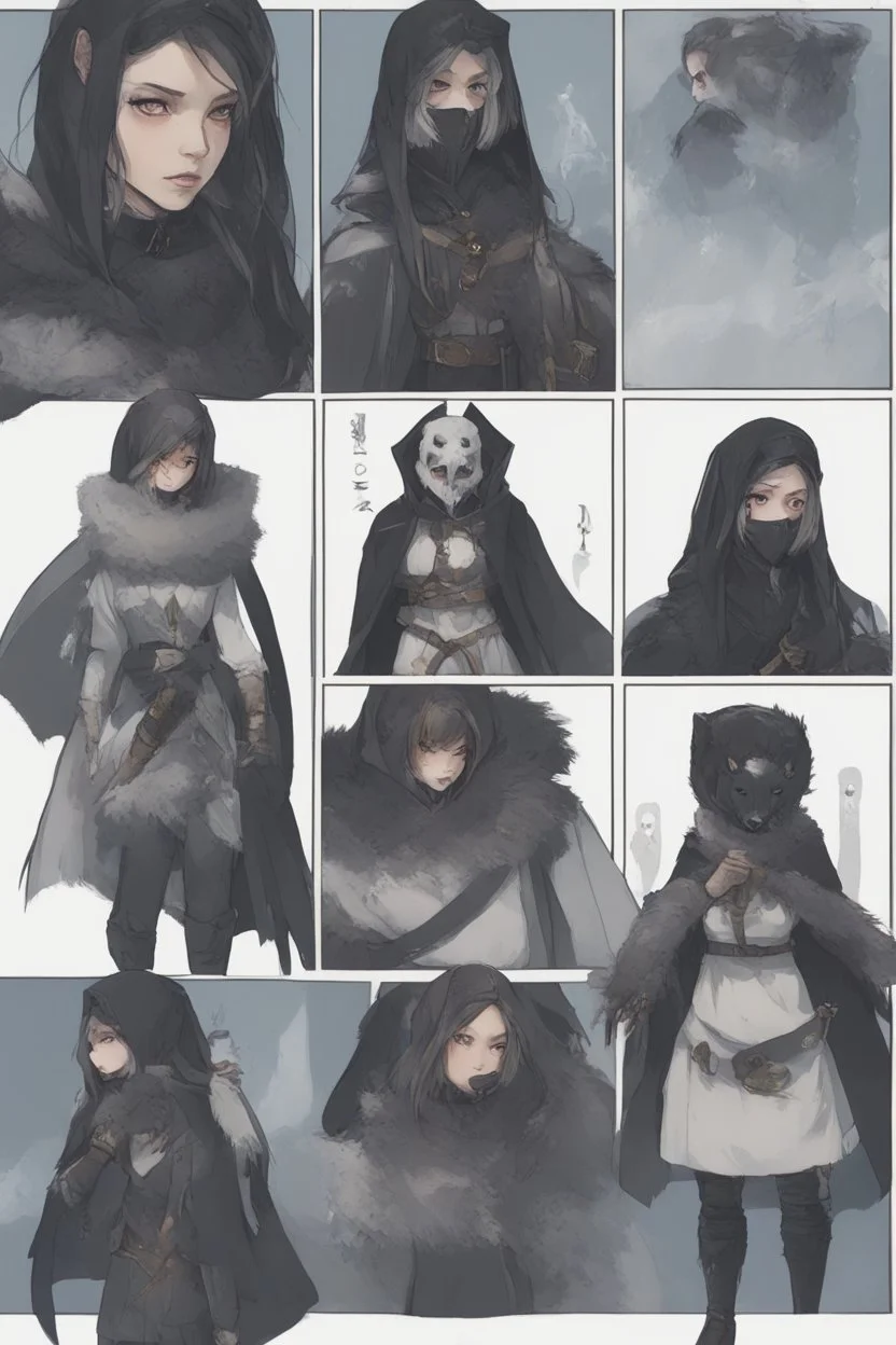 A dnd character sheet. A woman dressed for the cold north dressed in dark furs, with black hair. Death cleric wearing a mask, female woman girl