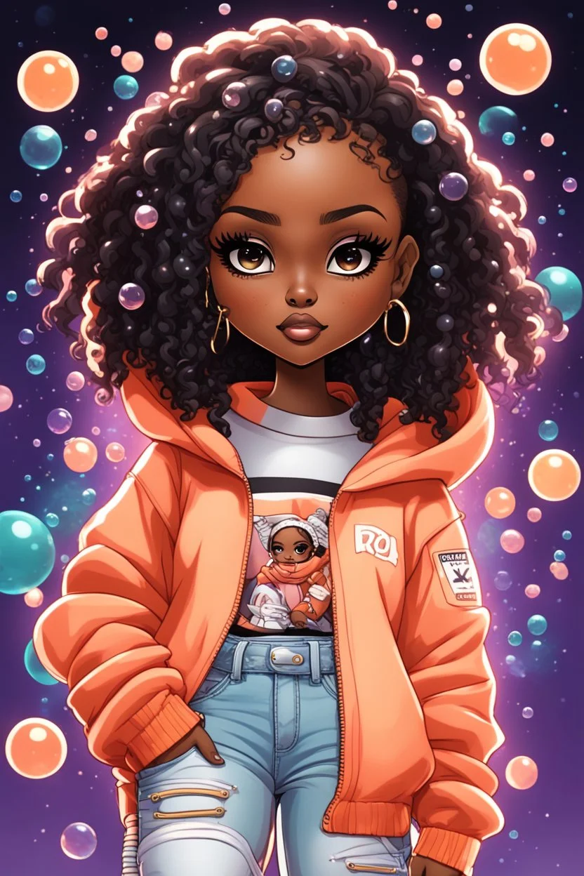 Create an colorful futurism comic book illustration of a chibi cartoon black female thick curvy wearing a cut of peach hoodie and white jeans and timberland boots. Prominent make up with long lashes and hazel eyes. Highly detailed shiny sister locs. Background of a large bubbles all around her