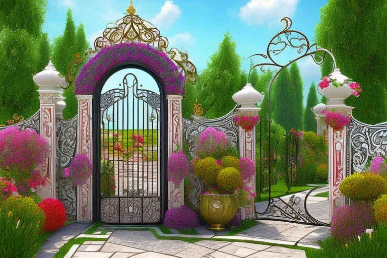 intricate ornate gate, garden, path, flowers