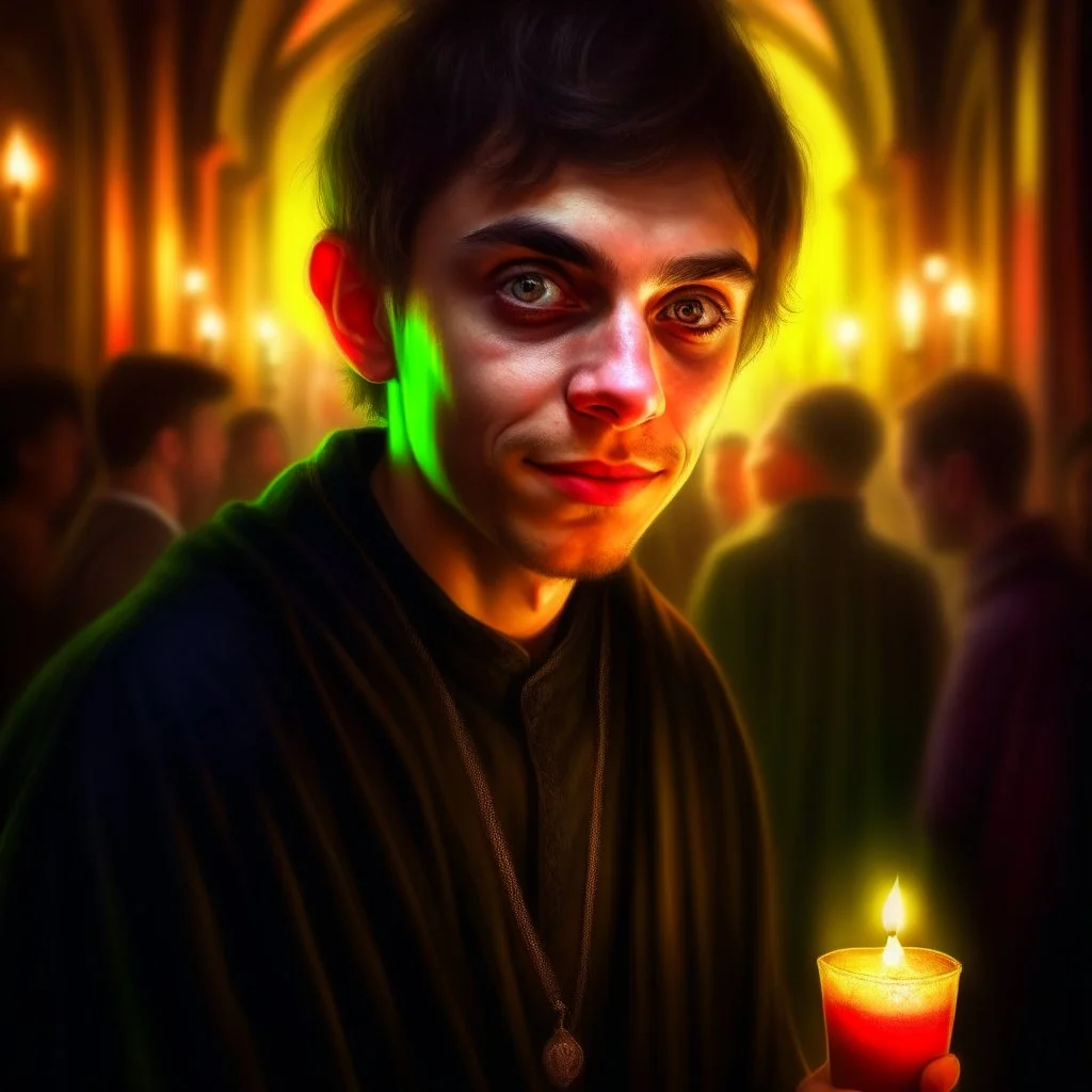 portrait of cursed young priest beauty, wild goblin birthday party on stonebridge background , motion blur, 8k, downlight, soft light, depth of field, photorealism, trending on art station, lotsa detail