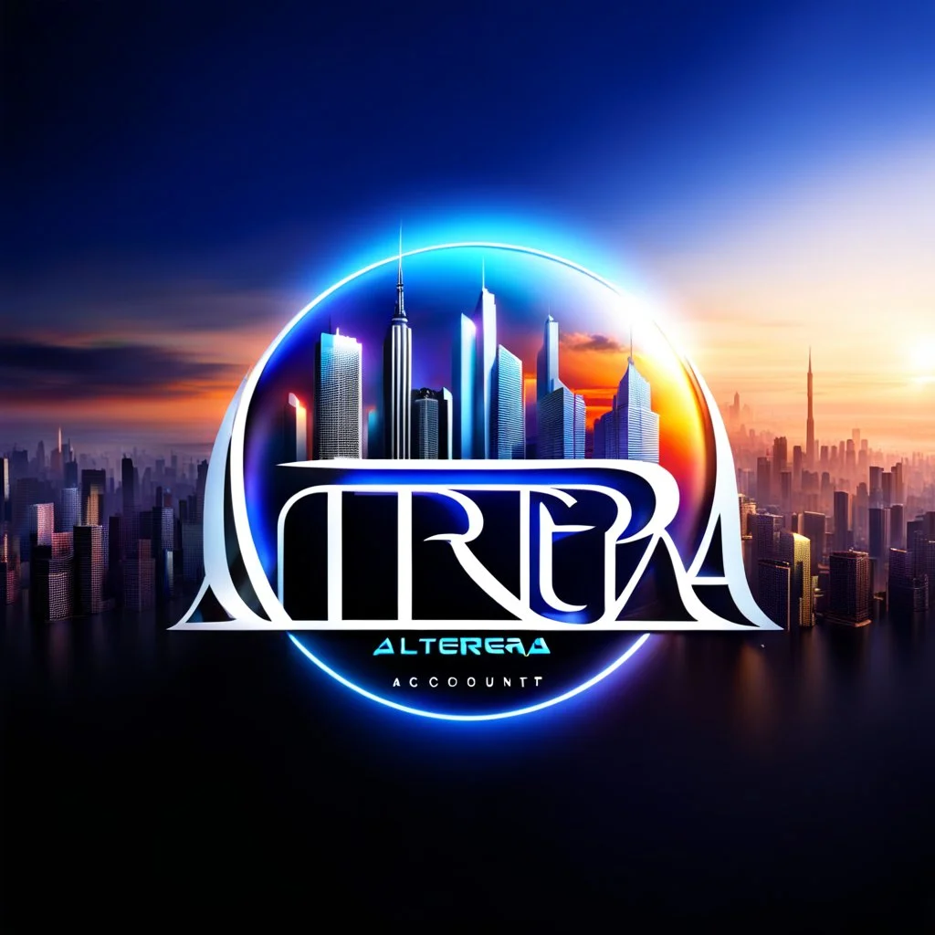 Can you create a nice cool logo for my account "Altera", with this texts in down "the world never existed" ,"reality ,reimagined",add 3d background, future modern city and futue moder industry ,3d text