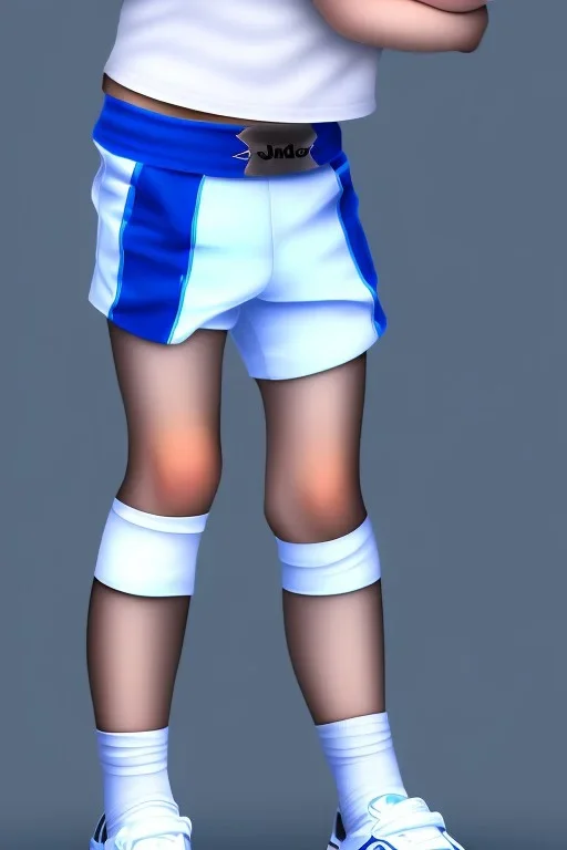 Shota, cute, white top, blue shorts, black socks