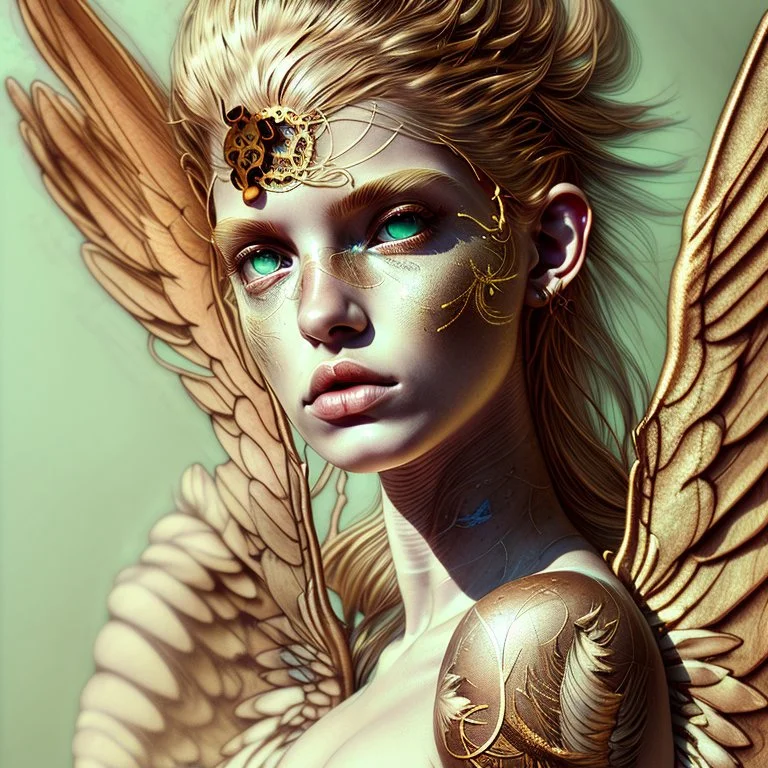 white background, golden Angel, tattoo, feathers, steampunk, fantasy, old canvas, torn cracks, flowers, cyberpunk, gold, silver, green lilac color, mystical, glow, golden makeup, fine drawing, high detail, high resolution, 8K, 3D, Daniel Castan Carne Griffiths Andreas Lee Russ Mills