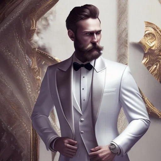 8K, a Highly detailed stunning portrait of Dom man, a white suit, beard, and short hair, with a kneeling submissive woman