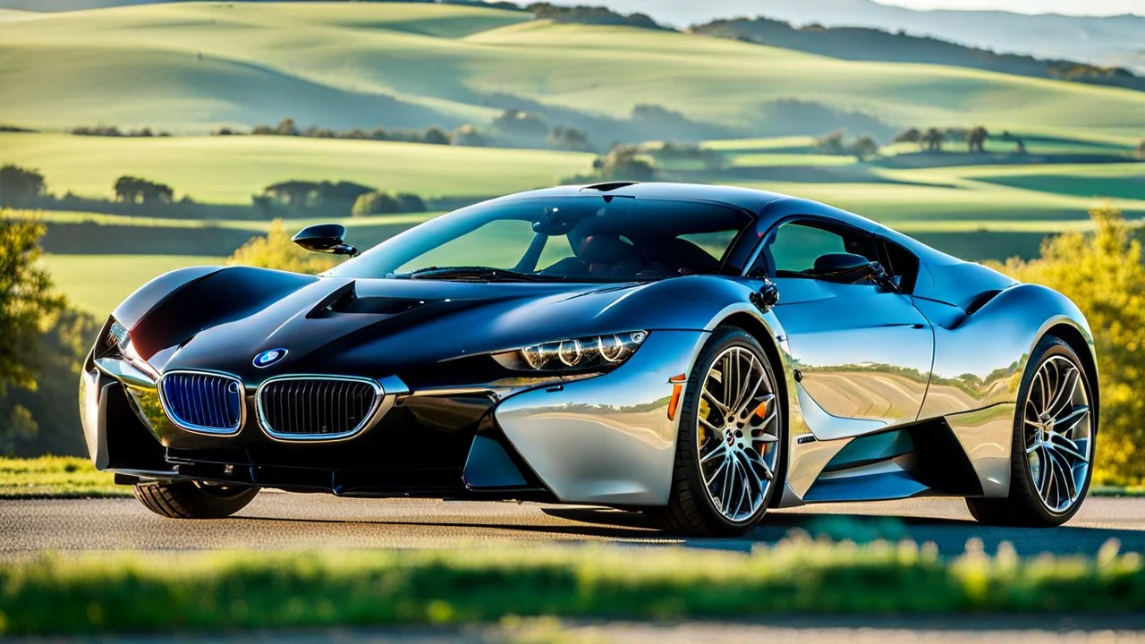 A sleek (((a fusion of buagtti and bmw))), its glossy shell reflecting the (((bright sun))), cutting through a (((clear bright blue morning sky)))