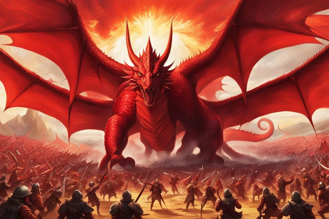 battle field on a plain. a red dragon with huge wings fighting an army of men. ragnarok. nuklear explosion in the background.